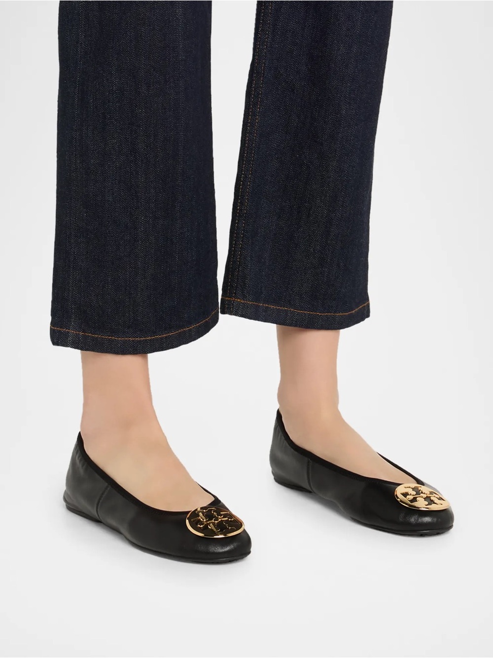 Tory Burch Black Leather Logo Medallion Ballet Flats